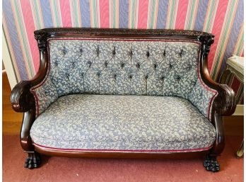 Victorian Parlor Settee With Carved Lion Heads On Arms, Gadrooned Crest, Claw Feet