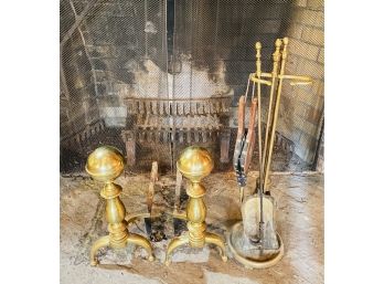Antique Brass Fireplace Andirons And Tool Set