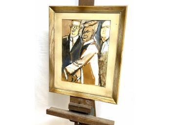Mid Century Mixed Media Political Painting Signed