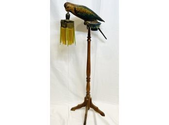 Antique Folk Art Hand Painted Carved Wooden Parrot Floor Lamp W/ Glass Deco Shade
