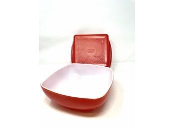 Vtg Glasbake Red Casserole And Bowl