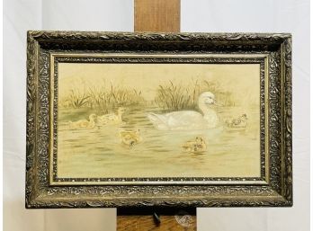 Antique Folk Art Painting On Board Of Swans