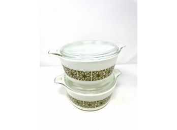 Vintage Pyrex Verde Green Square Flower Casserole Dishes