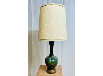 Large Vintage MCM Glazed Pottery Lamp With Shade