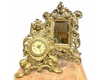 Antique Victorian Cast Iron Brass Colored Mirror And Clock With Cherub Ornate Detail