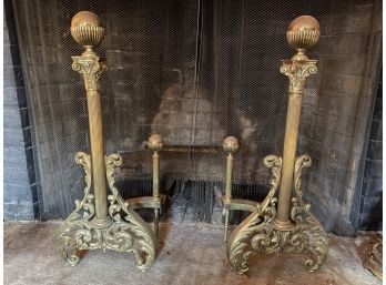 Large Antique Brass Andirons - Ornate