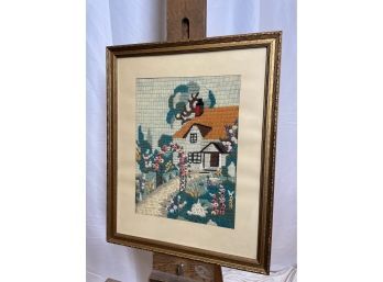 Vintage Hand Stitched Needlepoint Cottage Scene By Barbara Freeman Circa 1939