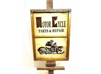 Reverse Painted Window With Motor Cycle Advertising