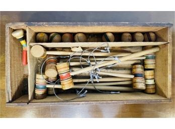 Antique Victorian Table Top Croquet Set In Original Wood Crate With Partial Label