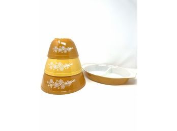 Vintage Pyrex Floral Yellow Gold Butterfly Pattern Mixing Nesting Bowls Set Of 3 With Divided Casserole