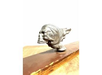 Vintage Flying Skull Hood Ornament Mounted To Wood Rat Rod