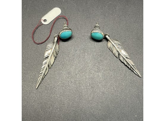Sterling Silver Turquoise Feather Native American Earrings