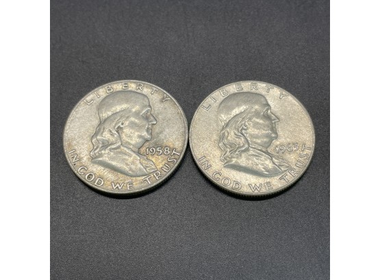 2 Ben Franklin Half Dollars 1958 & 1963