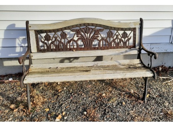 Cast Iron And Wood Garden Bench With Beautiful Floral Motif