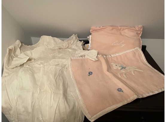 Antique Infant Clothing With Pillow And Blanket
