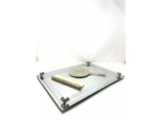 Vintage Mirrored Vanity Tray With Silver Mirror And Comb