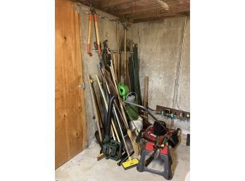 Large Collection Of Yard Tools, Garden Tools, Stool, Hose,lawn Mower And More