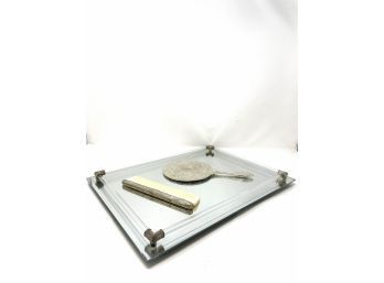 Vintage Mirrored Vanity Tray With Silver Mirror And Comb