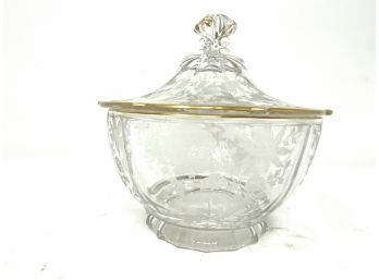Antique Gold Trimmed Glass Covered Bowl
