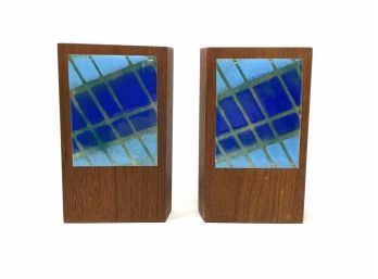 Pair Of Mid-Century Modern Walnut And Enamel Bookends By Ernest John
