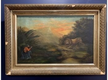 19th Century Oil On Canvas Lion Hunt (as Is)