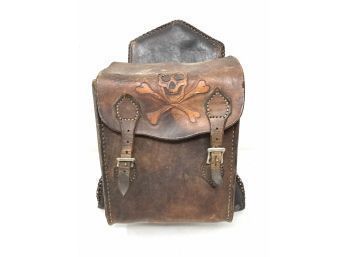 Vintage Leather Motorcycle Bag With Etched Skull And Crossbones