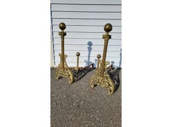 Antique Brass Andirons - Very Large And Ornate