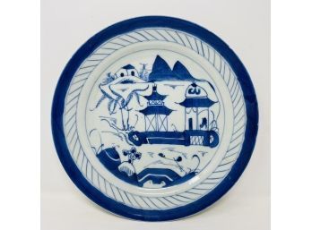 19th Century Landscape Canton Blue And White Porcelain Plate