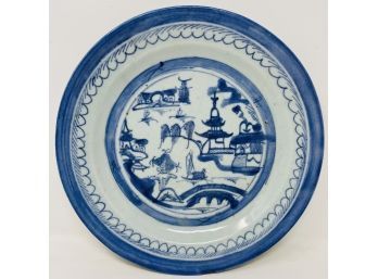 19th Century Landscape Canton Blue And White Porcelain Plate