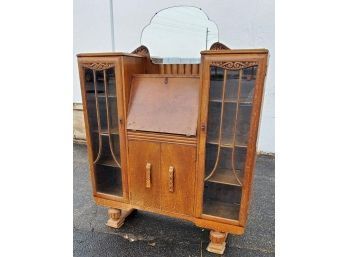 Antique Deco Era Drop Front Curio Cabinet In Oak With Beautiful Detail