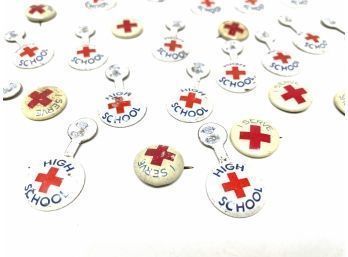 Large Lot Of Vintage Red Cross Pins And Fold Over Tin Pins Union Stamped