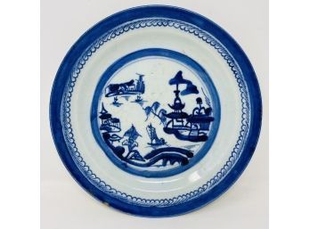 19th Century Landscape Canton Blue And White Porcelain Plate