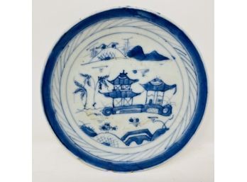 19th Century Landscape Canton Blue And White Porcelain Plate