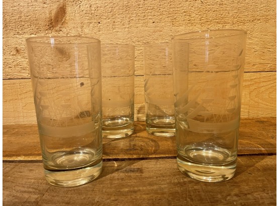 Set Of 4 Cut Glass Ship Glasses