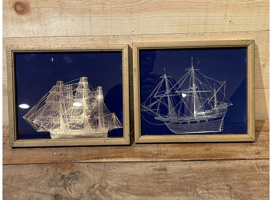 Pair Of Framed Line Art Ships