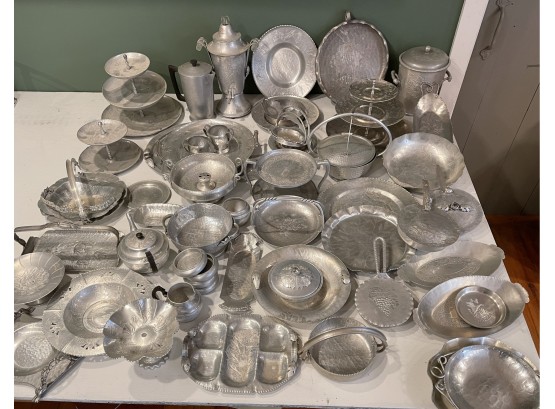 HUGE Lot Of Vintage Hammered Aluminum Trays Serving Pieces Etc Over 50 Pieces Total!!!