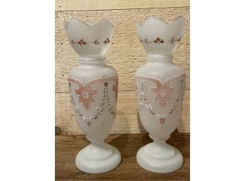 Pair Of Victorian Bristol Vases With Enamel Decoration.