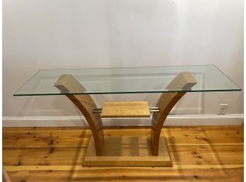 Italian Mid Century Burlwood And Glass Console Table
