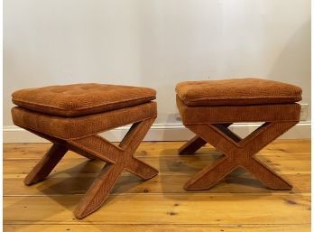 Vintage Hollywood Regency Style X-Base Ottomans - A Pair - Beachley Furniture