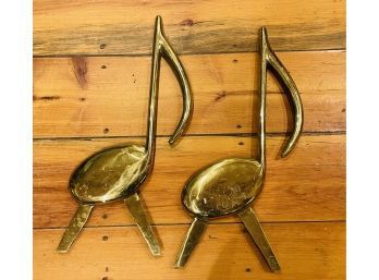 1940s Mid Century Modern Solid Brass Musical Note Andirons - A Pair