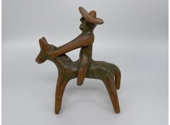 Vintage Terracotta South American Statue Of Man On Donkey