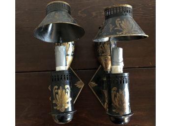 Pair Of French Style Tole Gilt Stenciled Figural Wall Sconces With Shades