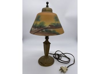 Antique Reverse Painted Glass Shade Desk Lamp - Handel Style