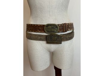 Vintage Brass Belt Buckles With Tooled Belts