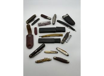 Collection Of Pocket Knives And Straight Razors