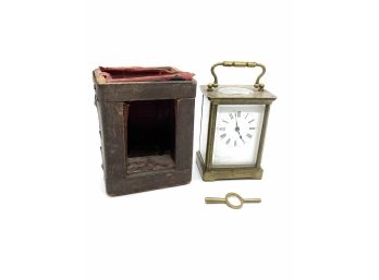 Antique Brass Carriage Clock With Original Box And Key