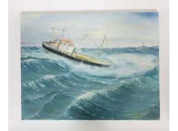 Large Painting Of A Ship At Sea - Signed