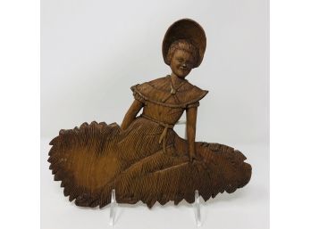 Hand Carved Plaque Of Young Lady In Bonnet And Dress