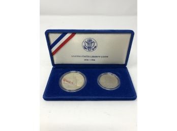 1986 Statue Of Liberty 2 Coin Set Silver Dollar And Half Dollar With Box And COA