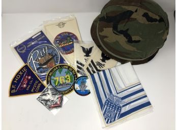 Military Lot Including Patches Helmet W/ Original Liner And Cover